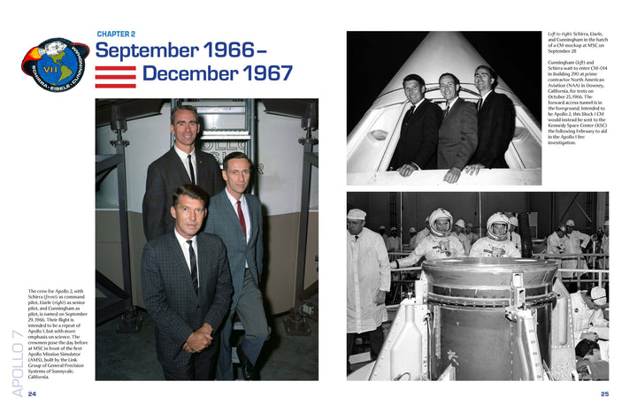 In "Apollo 7 in Photographs" by Schiffer Publishing, Ltd., a two-page spread shows Apollo 7 astronauts in spacesuits and their mission patch, with archival images and text capturing highlights of the 1966–1967 moon-landing program.