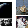 Apollo 7 in Photographs by Schiffer Publishing, Ltd. is a photo collage with images of Earth from space, the Apollo 7 command module recovery, astronauts prepping in white suits, and NASA staff during the moon-landing program.