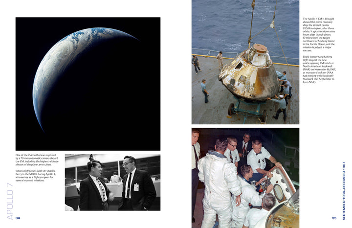 Apollo 7 in Photographs by Schiffer Publishing, Ltd. is a photo collage with images of Earth from space, the Apollo 7 command module recovery, astronauts prepping in white suits, and NASA staff during the moon-landing program.