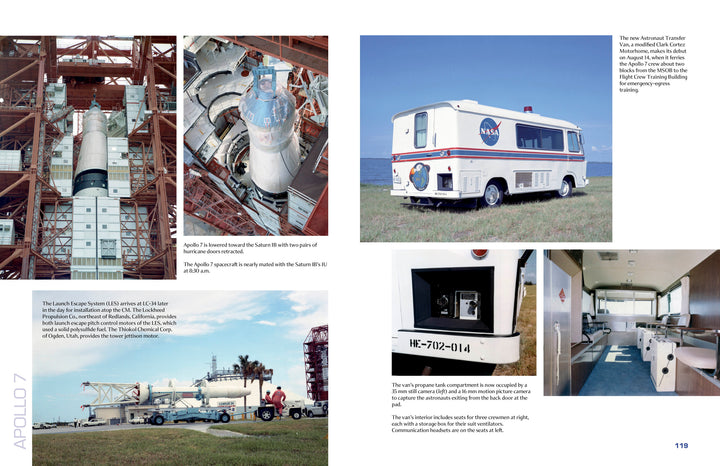 Apollo 7 in Photographs by Schiffer Publishing, Ltd. features images of the Saturn IB rocket on the launchpad, the NASA RV (showing license plate and interior), and crews preparing near the rocket and launch tower.