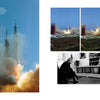 Apollo 7 in Photographs" by Schiffer Publishing, Ltd. captures the rocket’s launch with smoke and flames, its ascent in three images, and a man at 1960s TV screens showing the event—documenting the historic Apollo 7 mission.