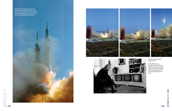 Apollo 7 in Photographs" by Schiffer Publishing, Ltd. captures the rocket’s launch with smoke and flames, its ascent in three images, and a man at 1960s TV screens showing the event—documenting the historic Apollo 7 mission.