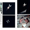 Apollo 7 in Photographs by Schiffer Publishing, Ltd. features a two-page spread with images of Apollo 7 astronauts inside their spacecraft and orbit views, all set against space’s blackness, with explanatory text on both pages.