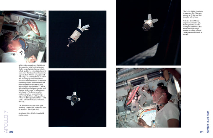Apollo 7 in Photographs by Schiffer Publishing, Ltd. features a two-page spread with images of Apollo 7 astronauts inside their spacecraft and orbit views, all set against space’s blackness, with explanatory text on both pages.