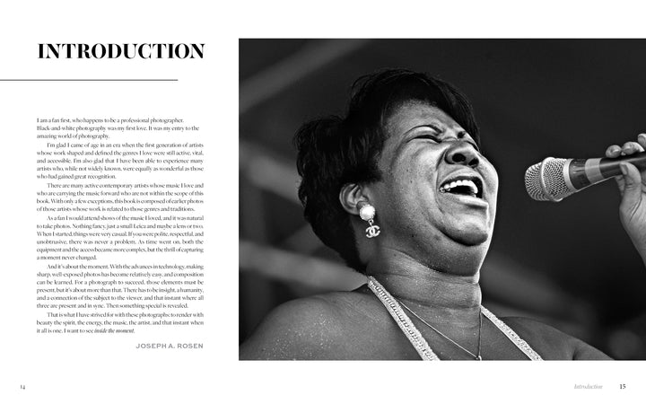 A Black woman sings passionately into a microphone on stage in this vibrant blues photo from "Inside the Moment" by Schiffer Publishing, Ltd. The left side features an introduction by Joseph A. Rosen.
