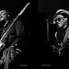 Two black and white photos from "Inside the Moment" by Schiffer Publishing, Ltd. show: left, a man smiling as he sings and plays guitar; right, another in sunglasses and hat performing. Named: Muddy Waters and Lightnin’ Hopkins.