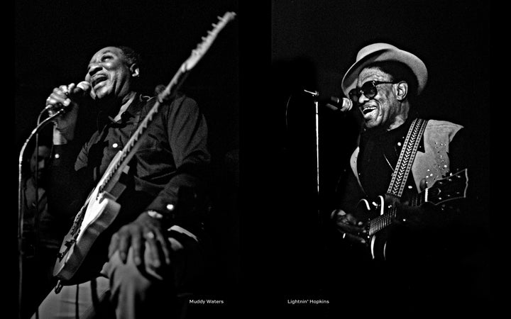 Two black and white photos from "Inside the Moment" by Schiffer Publishing, Ltd. show: left, a man smiling as he sings and plays guitar; right, another in sunglasses and hat performing. Named: Muddy Waters and Lightnin’ Hopkins.