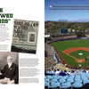 A two-page spread from America's Ballparks by Schiffer Publishing, Ltd.: the left page highlights baseball history with text and vintage photos; the right features a vivid Dodger Stadium scene filled with fans on a sunny day.
