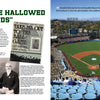 Two-page spread from "America's Ballparks" by Schiffer Publishing, Ltd.: Left page has baseball history, a photo of a bearded man, and a vintage Take Me Out to the Ball Game book cover; right page shows Dodger Stadium with players and fans.