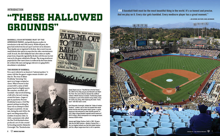 Two-page spread from "America's Ballparks" by Schiffer Publishing, Ltd.: Left page has baseball history, a photo of a bearded man, and a vintage Take Me Out to the Ball Game book cover; right page shows Dodger Stadium with players and fans.