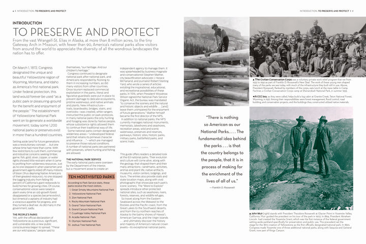 A two-page spread from Schiffer Publishing, Ltd.'s The Complete Guide to America's National Parks showcases text on park preservation, black-and-white historic photos of rangers, and a Theodore Roosevelt quote with his landscape photo.