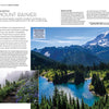 A scenic image from "The Complete Guide to America's National Parks" by Schiffer Publishing, Ltd. features Mount Rainier’s snowy peak, a turquoise lake, wildflowers, evergreens, and informational text with a small map on the left.