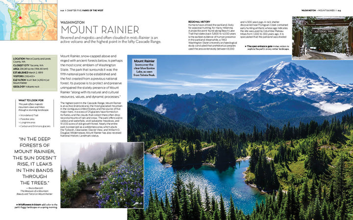 A scenic image from "The Complete Guide to America's National Parks" by Schiffer Publishing, Ltd. features Mount Rainier’s snowy peak, a turquoise lake, wildflowers, evergreens, and informational text with a small map on the left.