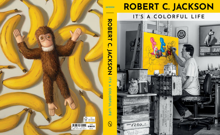 Book cover for Robert C. Jackson by Schiffer Publishing, Ltd. The front displays a toy monkey with bananas; the back features a black-and-white photo of the artist painting realistic balloon still-lifes in his studio.