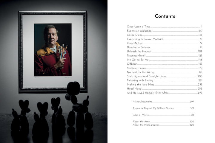 A dramatically lit portrait of Robert C. Jackson hangs on the wall, with four dark balloon dog sculptures in front. Next to it is a table of contents. Product: Robert C. Jackson by Schiffer Publishing, Ltd.