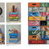 A vibrant collage of five realistic still-life paintings by Robert C. Jackson, published by Schiffer Publishing, Ltd., depicts crates, donuts, a dartboard, a seagull, and white arrows pointing at vintage branded wooden boxes.