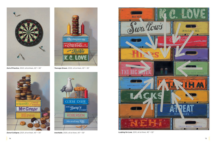 A vibrant collage of five realistic still-life paintings by Robert C. Jackson, published by Schiffer Publishing, Ltd., depicts crates, donuts, a dartboard, a seagull, and white arrows pointing at vintage branded wooden boxes.