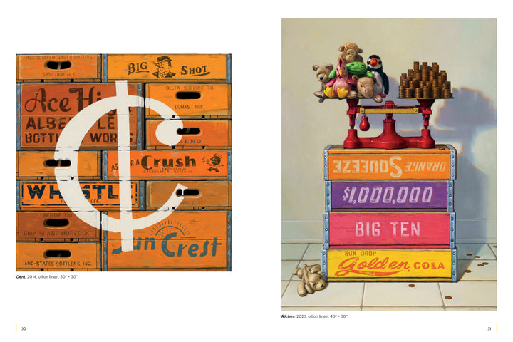 Two vibrant still-life artworks by Robert C. Jackson, published by Schiffer Publishing, Ltd., depict vintage soda crates with logos like Ace Hi and Sun Crest, and crates topped with retro toys, blocks, and coins.