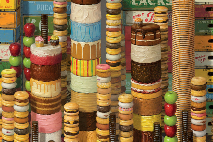 Whimsical towers of colorful donuts, cakes, cookies, and apples evoke Robert C. Jackson’s realistic still-life style in this Schiffer Publishing, Ltd. release, set against vintage soda crates with vibrant textures and rich frosting.