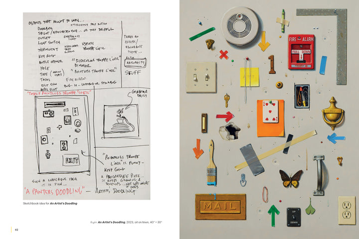 Left: A sketchbook page with notes, diagrams, and a website layout. Right: Still-life objects—switches, fire alarm, keys—evoke the realistic style of Robert C. Jackson by Schiffer Publishing, Ltd.