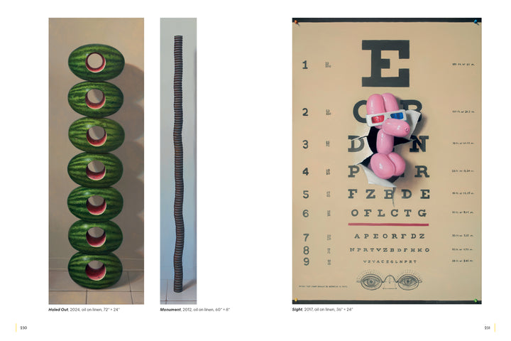 Three artworks from Robert C. Jackson (Schiffer Publishing, Ltd.): a vertical stack of realistic watermelon halves, a tall wavy sculpture, and an eye chart partially hidden by a large pink balloon dog.