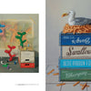 Left: Three colorful balloon dog sculptures surrounded by art supplies channel the playful style of American painter Robert C. Jackson. Right: A seagull eats fries spilling from vintage crates. Product: Robert C. Jackson by Schiffer Publishing, Ltd.