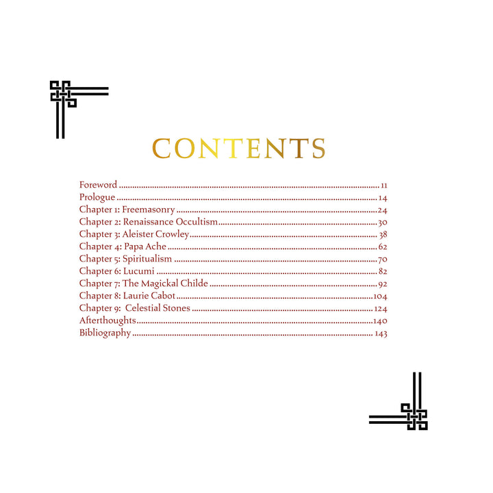 The Memoirs of a High Priest table of contents by Schiffer Publishing, Ltd. features a cornered decorative border, listing Foreword, Prologue, nine chapters on Freemasonry, Spiritualism, modern magical history, Afterthoughts and Bibliography with page numbers.