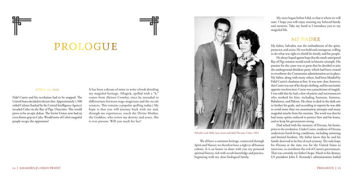 A black-and-white photo of a man in a suit and a woman in a dark dress, both facing the camera, appears in "Memoirs of a High Priest" by Schiffer Publishing, Ltd., with Spanish and English text suggesting links to magical history.