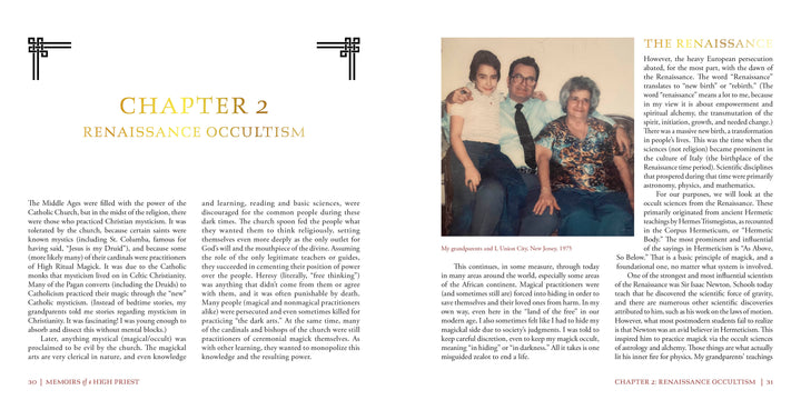 A spread from "Memoirs of a High Priest" by Schiffer Publishing, Ltd. shows Chapter 2: Renaissance Occultism, with text on occultism and High Priest Alexander Cabot, plus a family photo labeled “My grandparents and I, Tuxpan, Gto, New Years 1975.”.