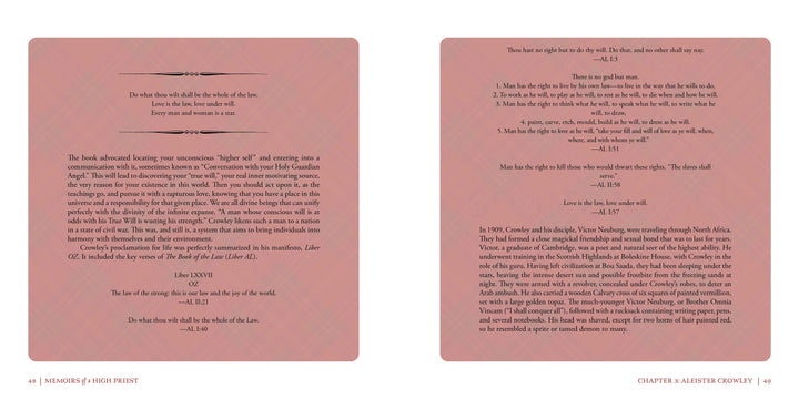 Two pages from "Memoirs of a High Priest" by Schiffer Publishing, Ltd. feature pink patterned backgrounds and white text boxes with quotes on The Book of the Law, Aleister Crowley, and Gardnerian Wicca, accented with themed section dividers.