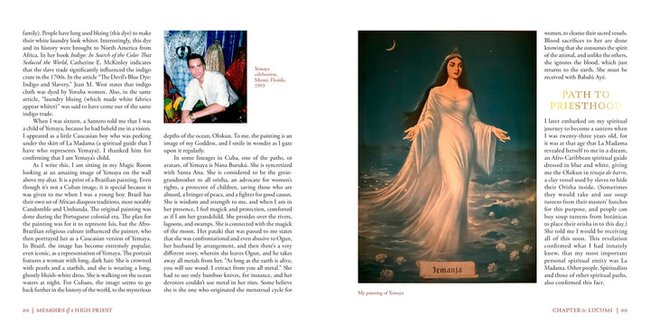 A two-page spread in "Memoirs of a High Priest" (Schiffer Publishing, Ltd.) shows a text column, a small photo titled “Ioanys, Miami, Florida, 1995,” and an ethereal Yemaya painting with “Iemanja” below, linking her to modern magical history.