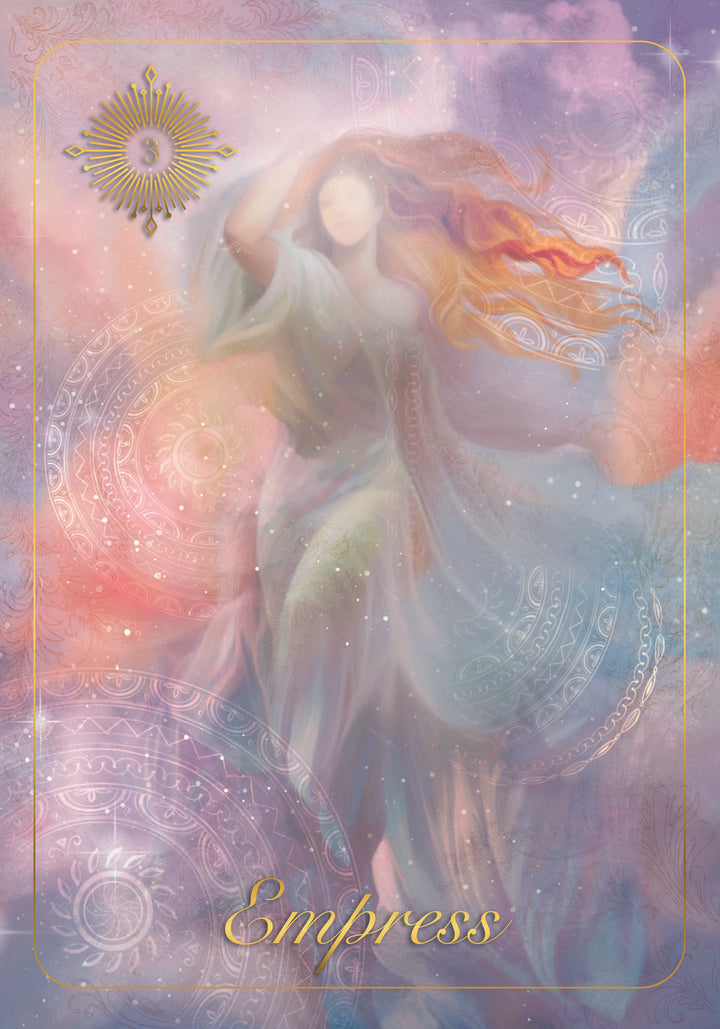 A mystical woman in a sheer gown stands amid pastel swirls and mandala patterns, embodying Slavic heritage. "Empress" appears in gold—a vision from The Ukrainian Tarot by Schiffer Publishing, Ltd.