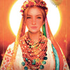 A woman in vibrant traditional dress with a floral crown and necklaces stands before a radiant sun, evoking Slavic heritage. "Sun" appears at the bottom, reflecting The Ukrainian Tarot by Schiffer Publishing, Ltd.