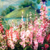 A garden of pink and white hollyhocks blooms before a house under a blue sky, with "Page of Earth" in gold script below—art inspired by The Ukrainian Tarot from Schiffer Publishing, Ltd., reflecting Slavic spiritual heritage.