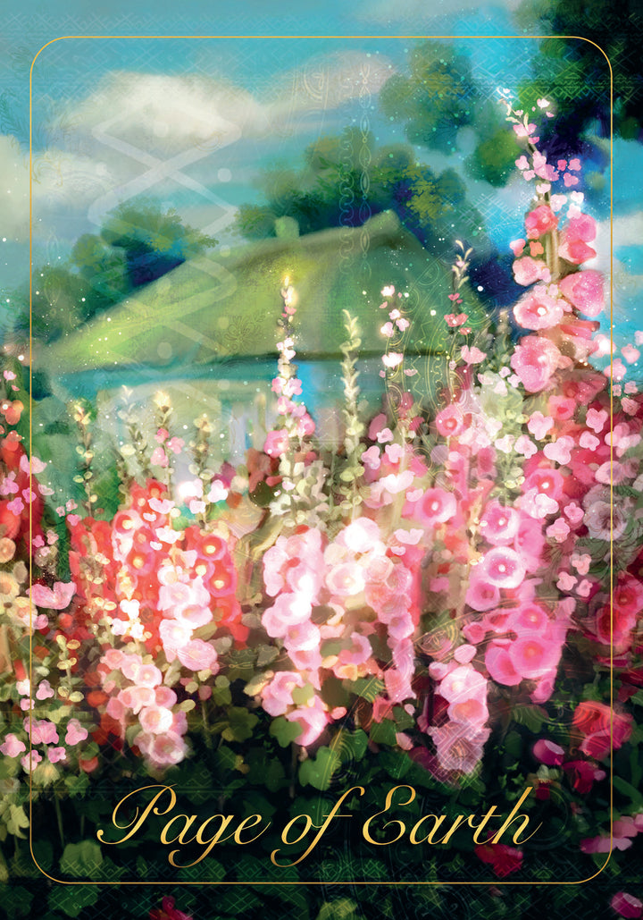 A garden of pink and white hollyhocks blooms before a house under a blue sky, with "Page of Earth" in gold script below—art inspired by The Ukrainian Tarot from Schiffer Publishing, Ltd., reflecting Slavic spiritual heritage.