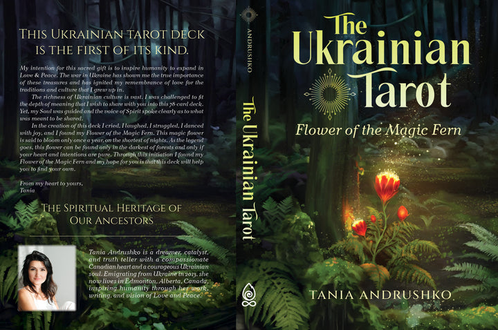 Book cover for The Ukrainian Tarot by Schiffer Publishing, Ltd. Features magical ferns glowing in a lush green forest, gold Slavic-inspired accents, author photo, and tarot deck description.