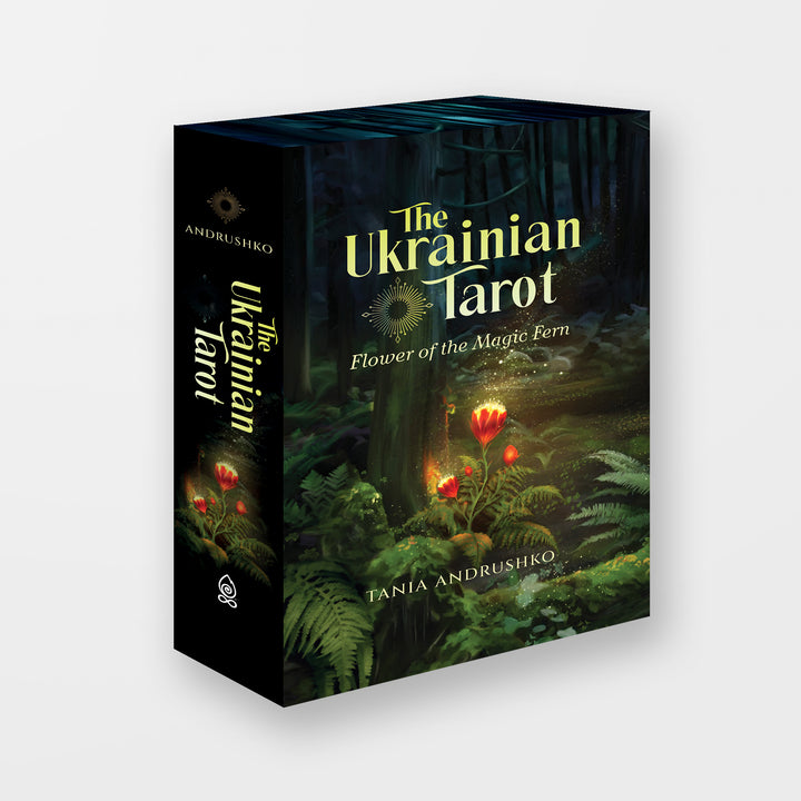 The Ukrainian Tarot by Schiffer Publishing, Ltd. features a glowing red flower in a dark forest on the cover and is inspired by Slavic spiritual heritage.