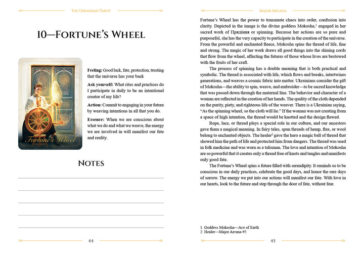 A book spread from "The Ukrainian Tarot" by Schiffer Publishing, Ltd. showcases the Fortunes Wheel card with its image and meanings on the left, and explores its symbolism and Slavic spiritual heritage on the right.