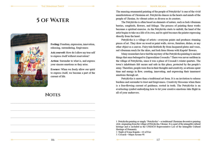 An illustration of five figures near a house, surrounded by trees and flowers, is featured on the 5 of Water card in The Ukrainian Tarot by Schiffer Publishing, Ltd., highlighting Slavic spiritual themes and cultural notes.