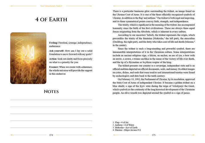 A two-page spread from The Ukrainian Tarot by Schiffer Publishing, Ltd. features the 4 of Earth card details on the left and an exploration of the trident’s symbolism and its connection to Slavic heritage on the right.