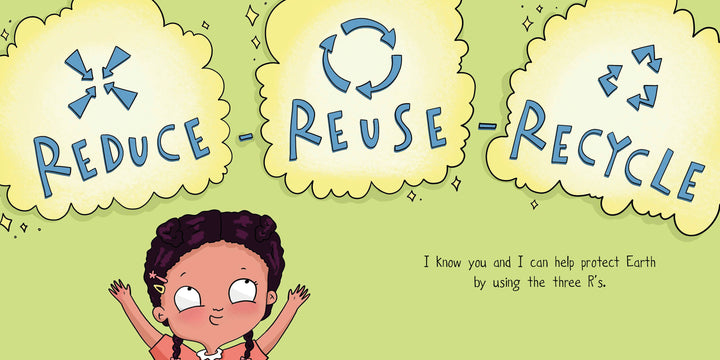 A smiling child raises their hands under clouds labeled Reduce, Reuse, and Recycle. "Josephine: I Can Help" by Schiffer Publishing, Ltd. is a board book inspiring kids to protect Earth through the three R’s of conservation.