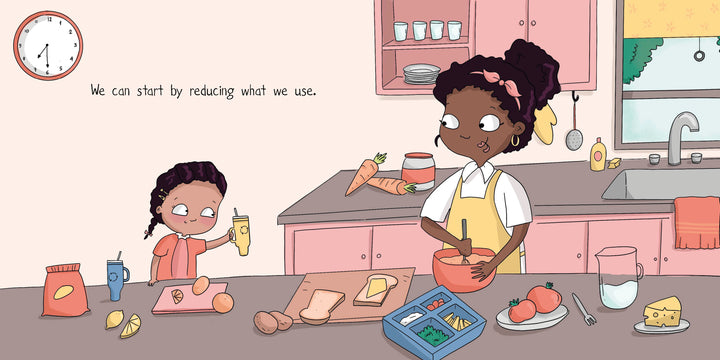 A young child drinks juice at the counter while an adult prepares food. On the counter are food, a lunchbox, and kitchenware. The book "Josephine: I Can Help" by Schiffer Publishing, Ltd. encourages reducing what we use for conservation.