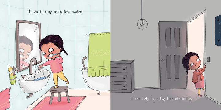 In "Josephine: I Can Help" by Schiffer Publishing, Ltd., a girl saves water by brushing her teeth with the tap off and conserves energy by turning out lights—showing kids simple ways to reduce, reuse, and recycle every day.
