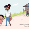 A man, woman, and girl walk holding hands toward a store. The man carries a reusable bag. Text: Next, we can use things more than once—this is called reusing! It’s part of reduce reuse recycle. Josephine: I Can Help by Schiffer Publishing, Ltd.