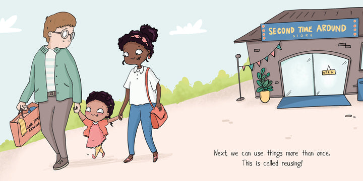 A man, woman, and girl walk holding hands toward a store. The man carries a reusable bag. Text: Next, we can use things more than once—this is called reusing! It’s part of reduce reuse recycle. Josephine: I Can Help by Schiffer Publishing, Ltd.