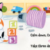 In "Calm Down, Coco" by Schiffer Publishing, Ltd., a calico kitten practices calming with closed eyes and paws together while a gray mouse sits near colorful toys. This board book gently teaches kids to take deep breaths and relax.