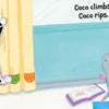 A calico cat climbs and rips yellow curtains as a gray mouse watches from a blue block. The "Calm Down, Coco" board book by Schiffer Publishing, Ltd. with colorful pictures lies open on the floor. Text reads: "Coco climbs, Coco rips.