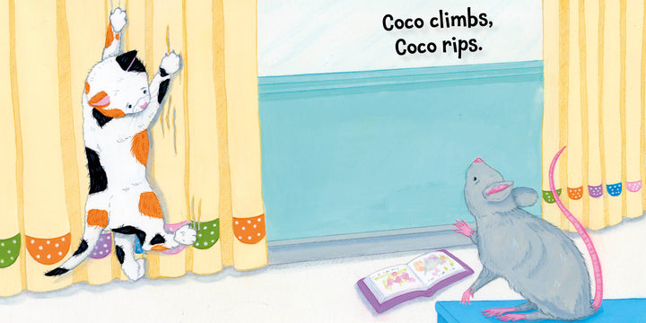 A calico cat climbs and rips yellow curtains as a gray mouse watches from a blue block. The "Calm Down, Coco" board book by Schiffer Publishing, Ltd. with colorful pictures lies open on the floor. Text reads: "Coco climbs, Coco rips.