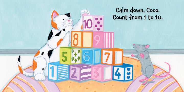 In Schiffer Publishing, Ltd.'s "Calm Down, Coco," a calico cat and gray mouse stack numbered blocks 1-10, teaching calming techniques and counting in this social-emotional board book.