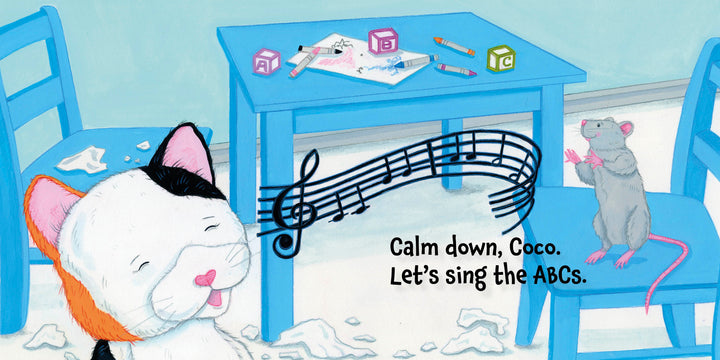 A smiling cat and a mouse enjoy music together in "Calm Down, Coco" by Schiffer Publishing, Ltd.—a social-emotional board book with playful art and a soothing ABC song.